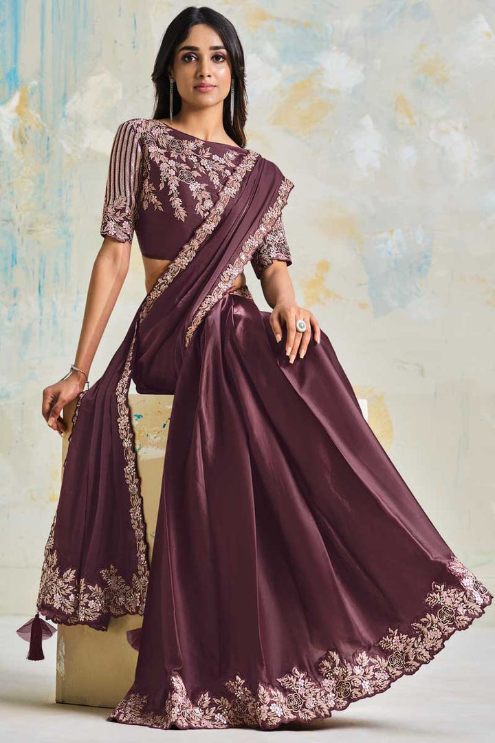 Burgundy Color Exquisite Sequins Work Party Look Satin Satin Silk Fabric Saree