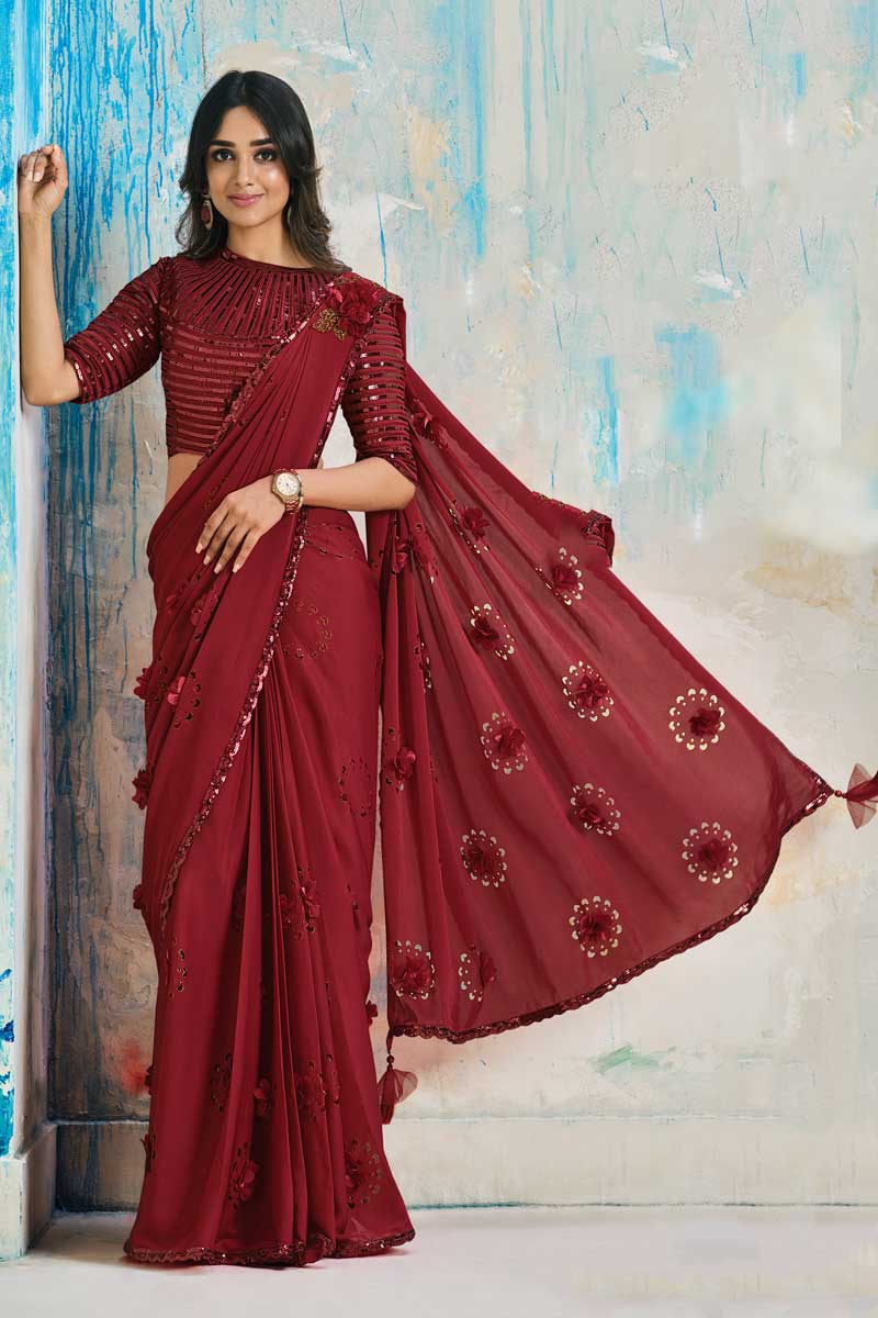 Winsome Red Color Sequins Work Party Look Satin Satin Silk Fabric Saree