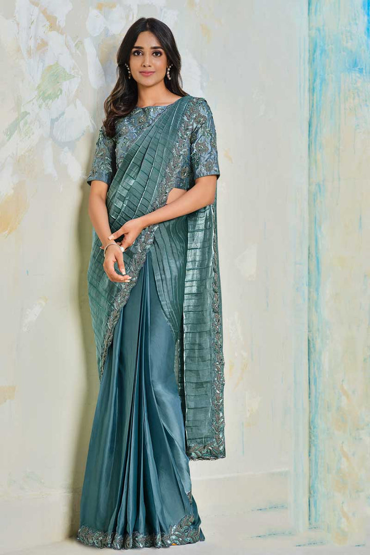 Teal Color Gorgeous Party Look Art Silk Fabric Saree With Sequins Work