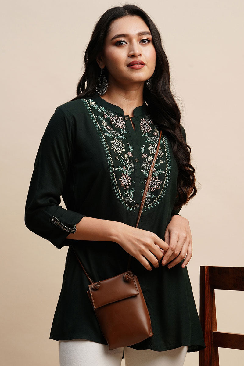 Dark Green Color Rayon Fabric Embroidered Readymade Short Kurti