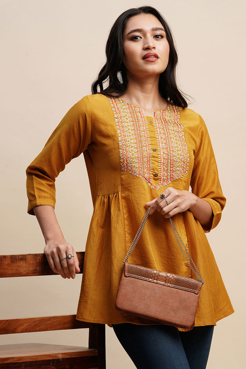 Mustard Color Bewitching Embroidered Readymade Short Kurti