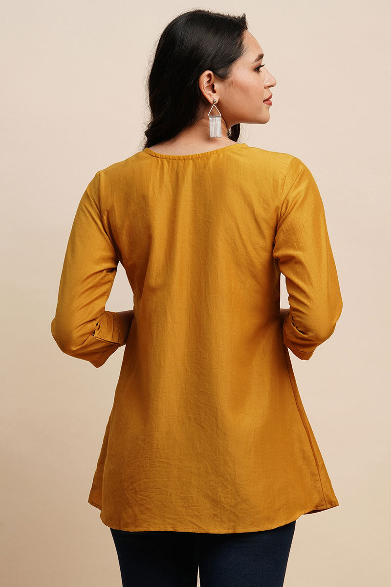 Mustard Color Bewitching Embroidered Readymade Short Kurti