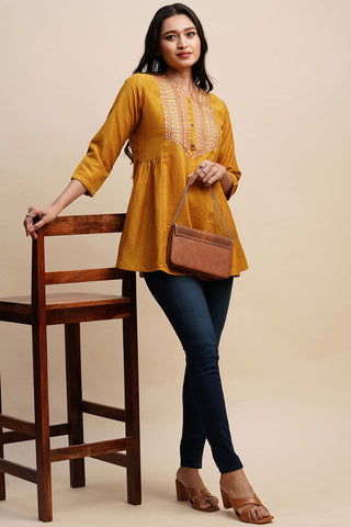 Mustard Color Bewitching Embroidered Readymade Short Kurti