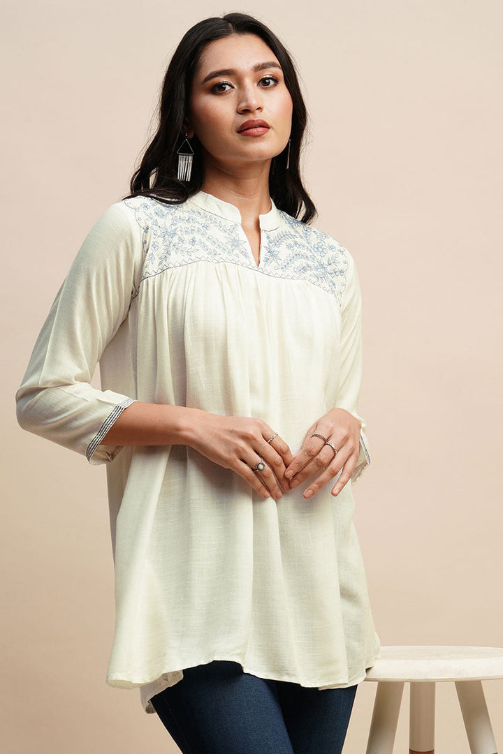 White Color Ingenious Embroidered Readymade Short Kurti