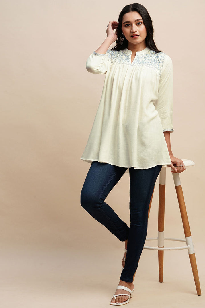White Color Ingenious Embroidered Readymade Short Kurti