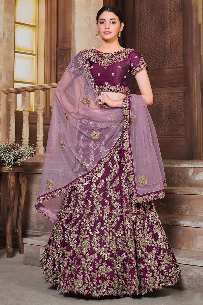 Wine Color Embroidered Designer Wedding Wear Art Silk Fabric Lehenga