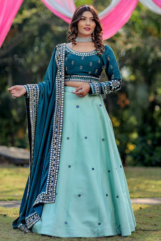 Wedding Look Silk Fabric Light Cyan Color Enticing Lehenga