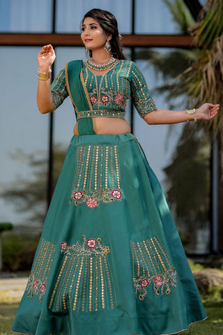 Green Color Silk Fabric Appealing Wedding Look Lehenga