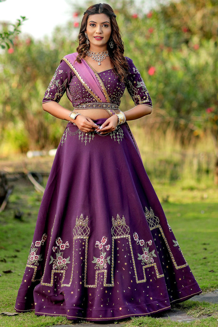 Silk Fabric Wedding Look Awesome Lehenga In Purple Color