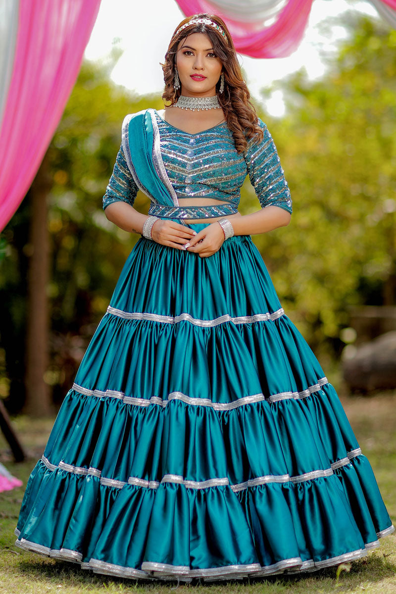 Wedding Look Satin Silk Fabric Cyan Color Glorious Lehenga