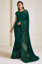 Load image into Gallery viewer, Dark Green Color Puja Wear Lycra Fabric Embroidery Work Designer Saree