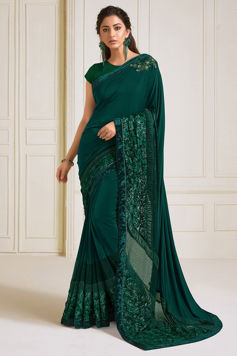 Dark Green Color Puja Wear Lycra Fabric Embroidery Work Designer Saree