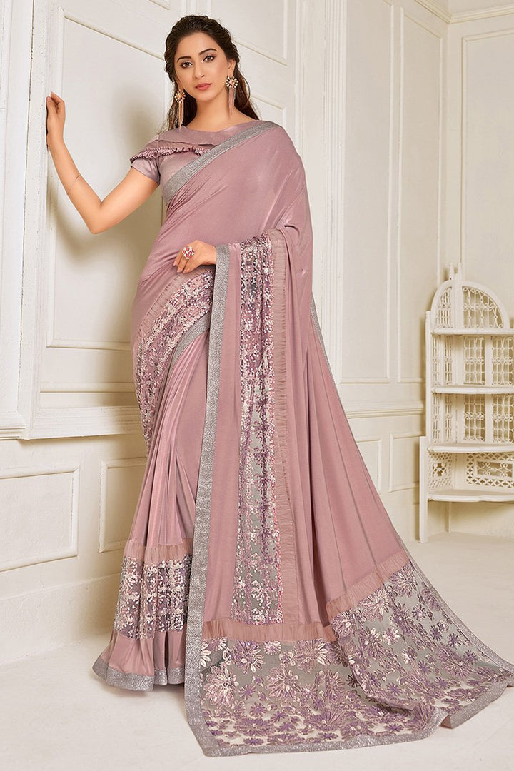 Lycra Fabric Function Wear Pink Color Embroidery Work Designer Saree