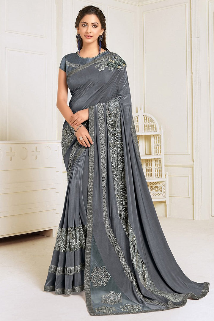 Grey Color Festive Wear Lycra Fabric Embroidery Work Designer Saree