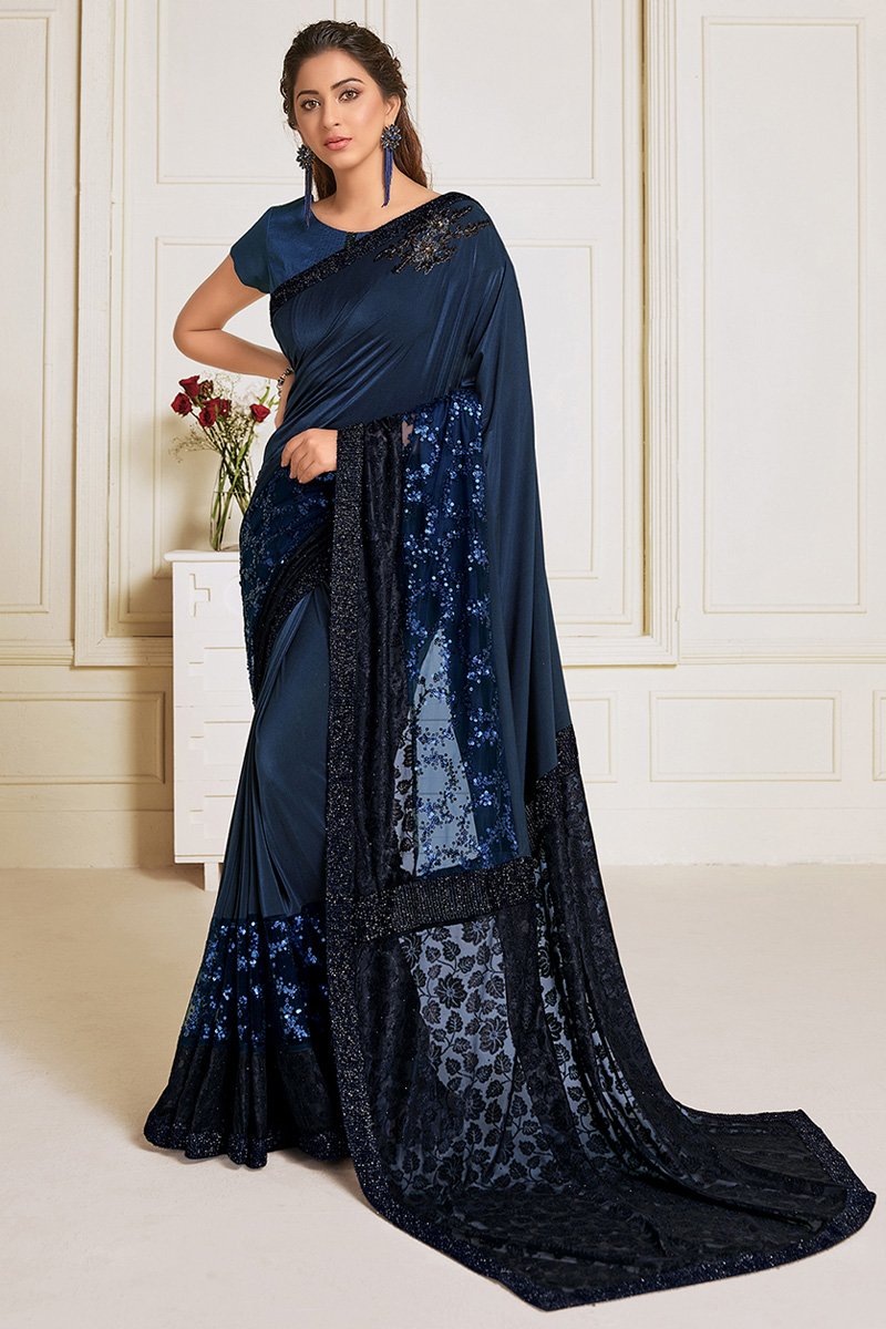 Lycra Fabric Sangeet Wear Navy Blue Color Embroidery Work Designer Saree