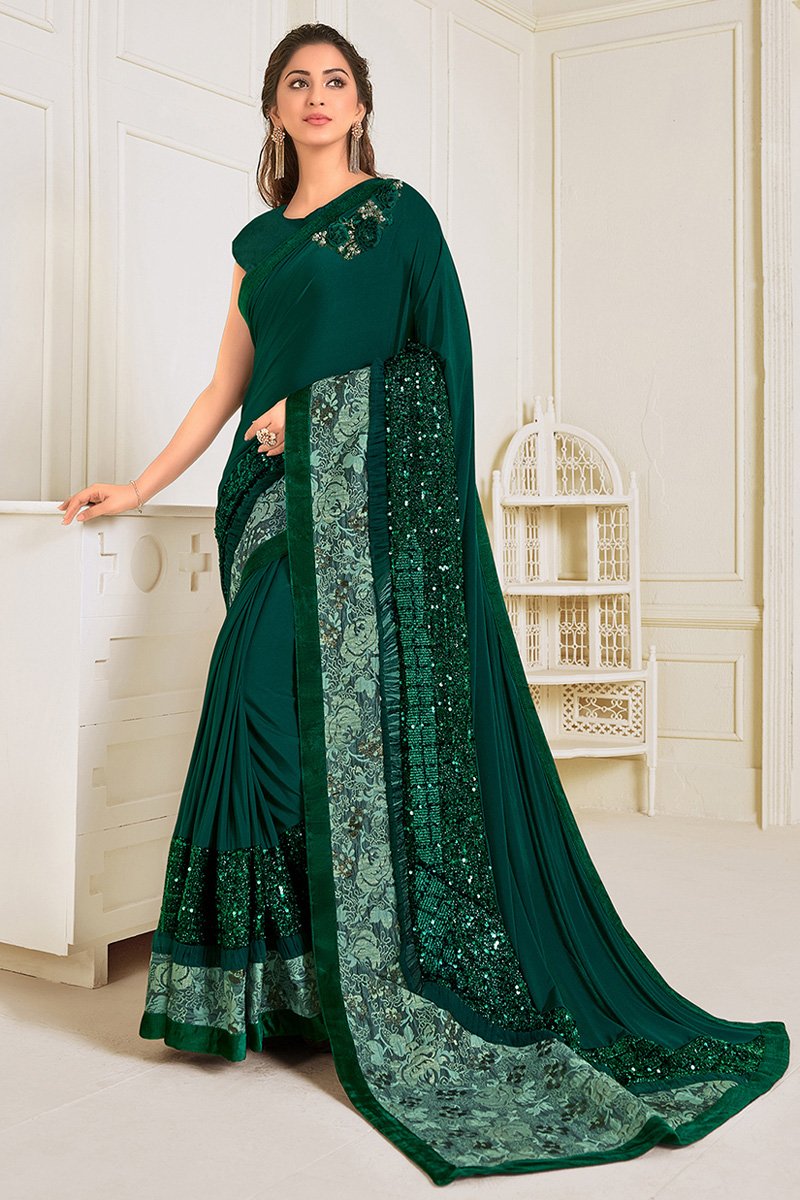 Wedding Wear Lycra Fabric Embroidery Work Designer Saree In Dark Green Color