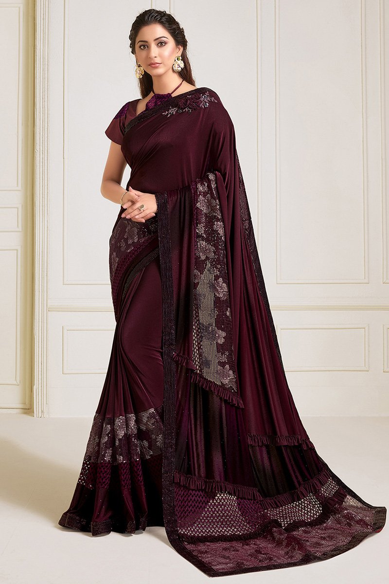 Wine Color Reception Wear Lycra Fabric Embroidery Work Designer Saree
