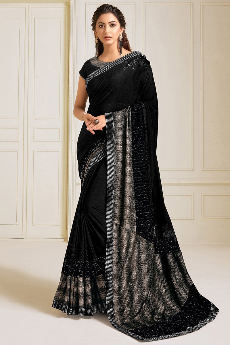 Black Color Puja Wear Lycra Embroidery Work Designer Saree
