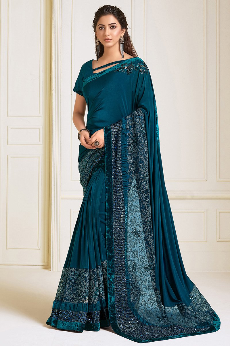 Lycra Fabric Function Wear Teal Embroidery Work Designer Saree