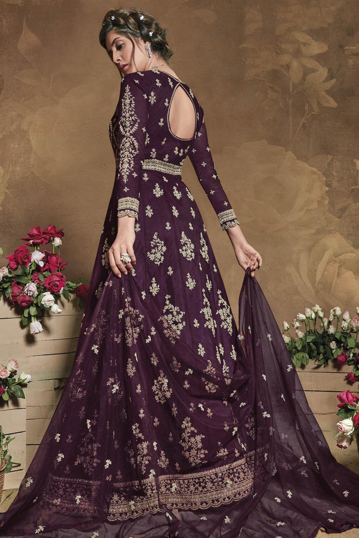 Purple Color Party Wear Embroidered Anarkali Dress In Net Fabric