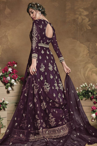 Purple Color Party Wear Embroidered Anarkali Dress In Net Fabric