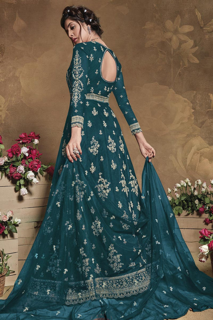 Party Wear Embroidered Teal Color Anarkali Dress In Net Fabric