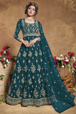 Load image into Gallery viewer, Party Wear Embroidered Teal Color Anarkali Dress In Net Fabric
