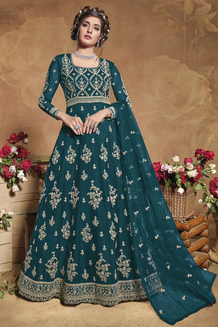 Party Wear Embroidered Teal Color Anarkali Dress In Net Fabric
