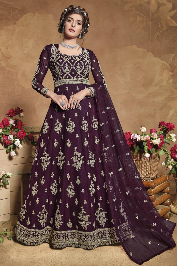 Purple Color Party Wear Embroidered Anarkali Dress In Net Fabric