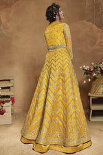 Load image into Gallery viewer, Sangeet Wear Embroidered Net Fabric Gown Style Anarkali Dress In Yellow Color

