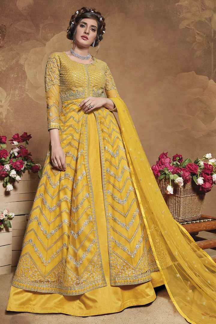 Sangeet Wear Embroidered Net Fabric Gown Style Anarkali Dress In Yellow Color