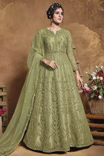 Load image into Gallery viewer, Net Fabric Sangeet Wear Embroidered Gown Style Anarkali Dress In Sea Green Color
