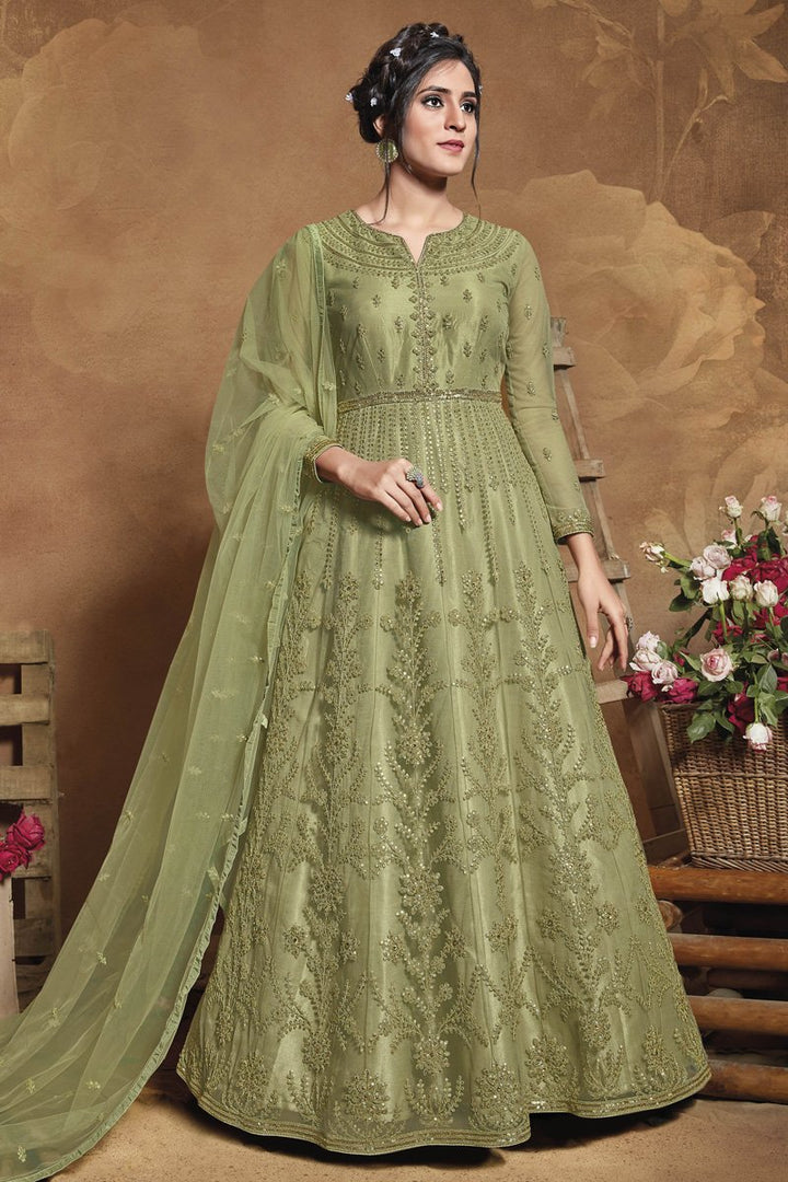 Net Fabric Sangeet Wear Embroidered Gown Style Anarkali Dress In Sea Green Color
