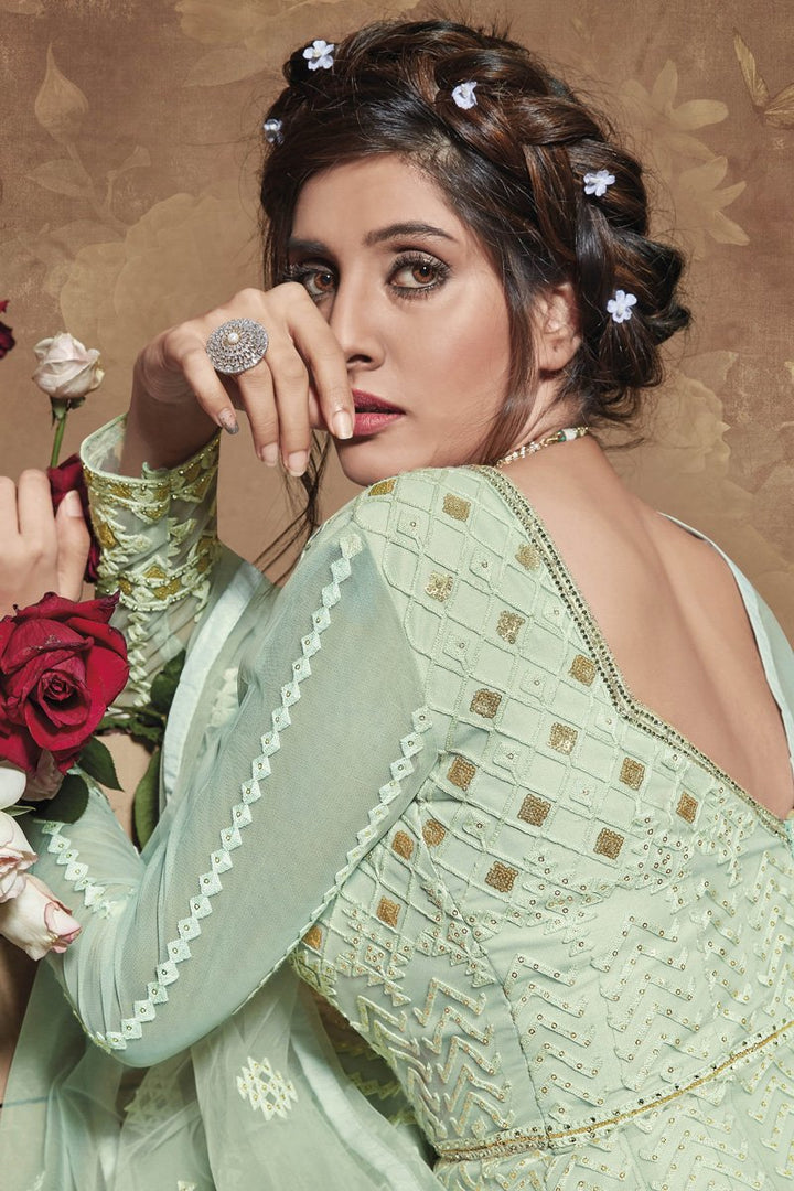 Sangeet Wear Net Fabric Embroidered Gown Style Anarkali Dress In Light Cyan Color
