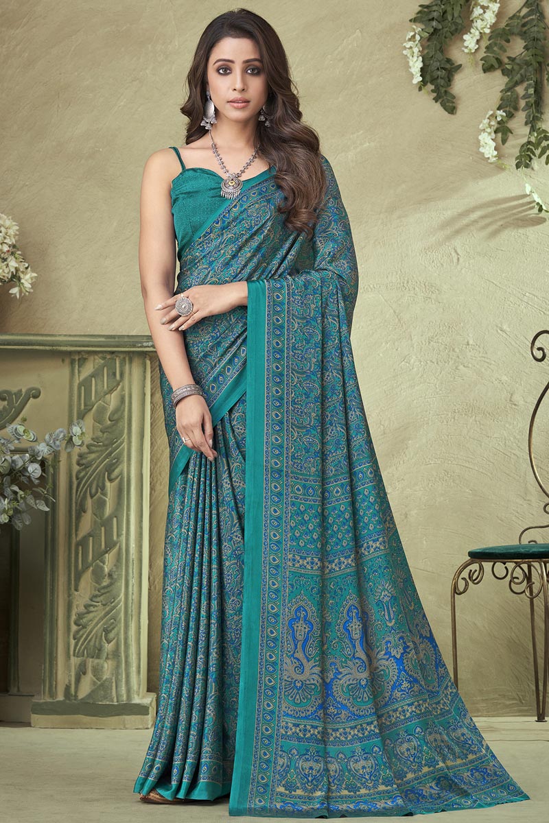 Cyan Color Printed Saree In Crepe Silk