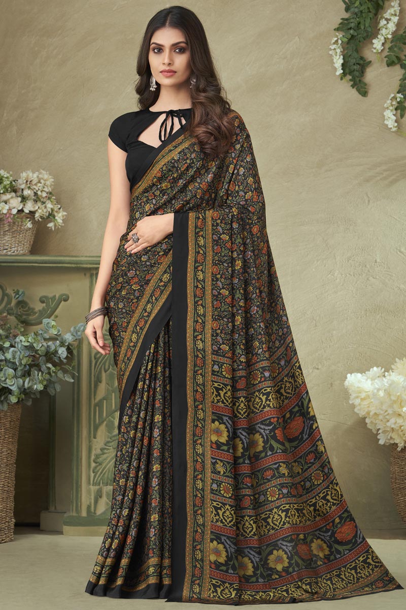 Black Color Printed Saree In Crepe Silk