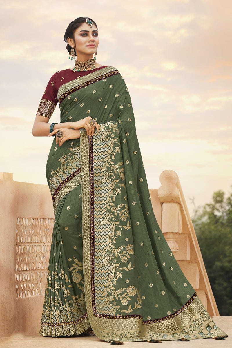 Dark Olive Color Traditional Saree In Art Silk Fabric