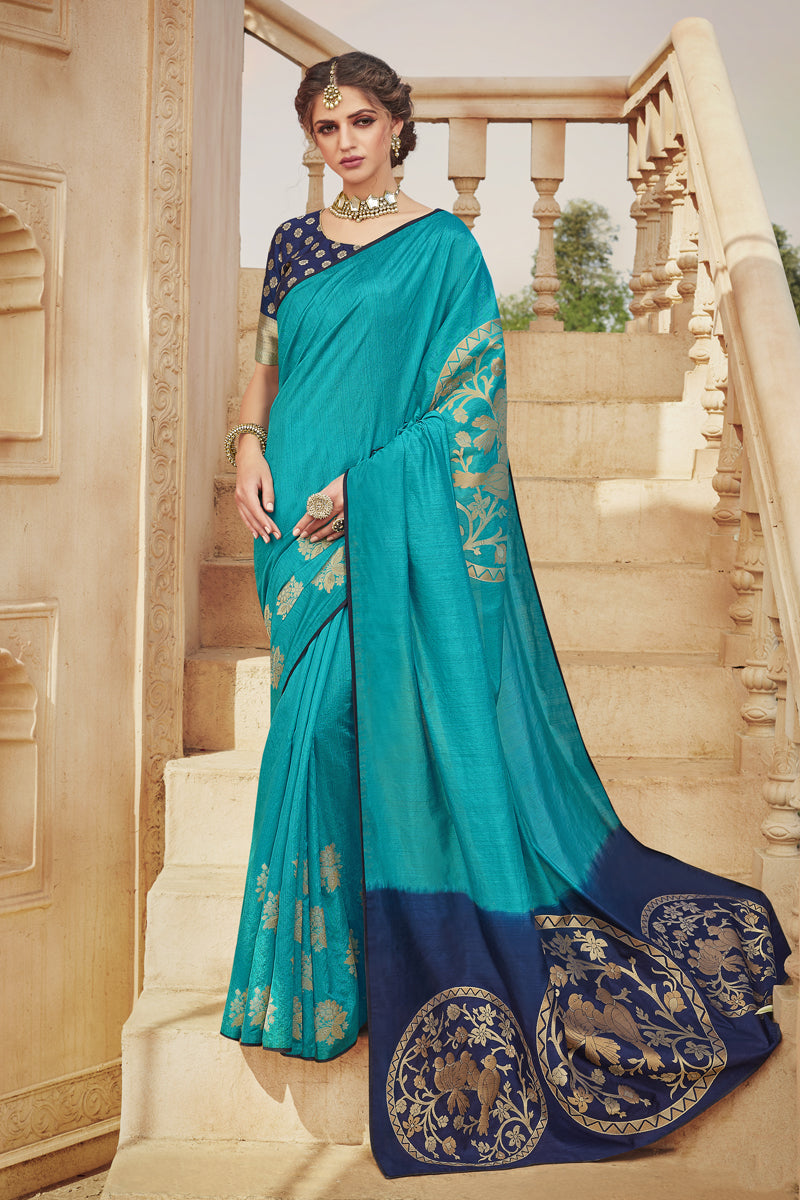 Designer Cyan Color Art Silk Fabric Party Wear Saree