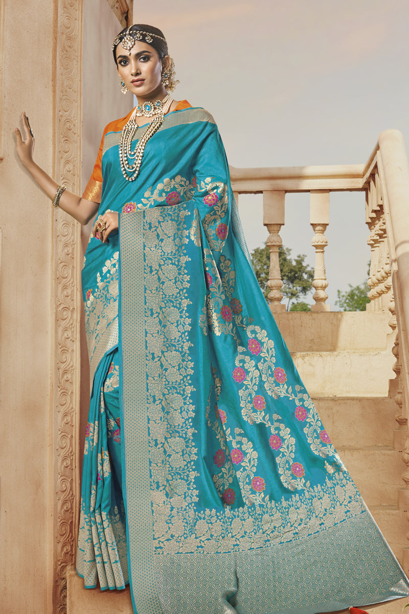 Designer Art Silk Fabric Cyan Color Party Wear Saree