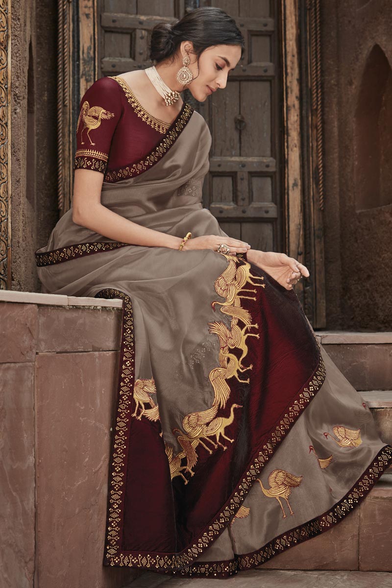 Fancy Fabric Sangeet Wear Dark Beige Color Border Work Saree