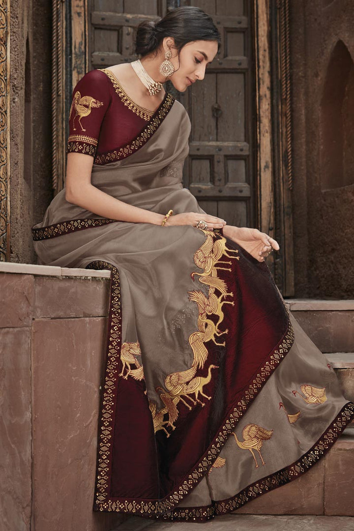 Fancy Fabric Sangeet Wear Dark Beige Color Border Work Saree
