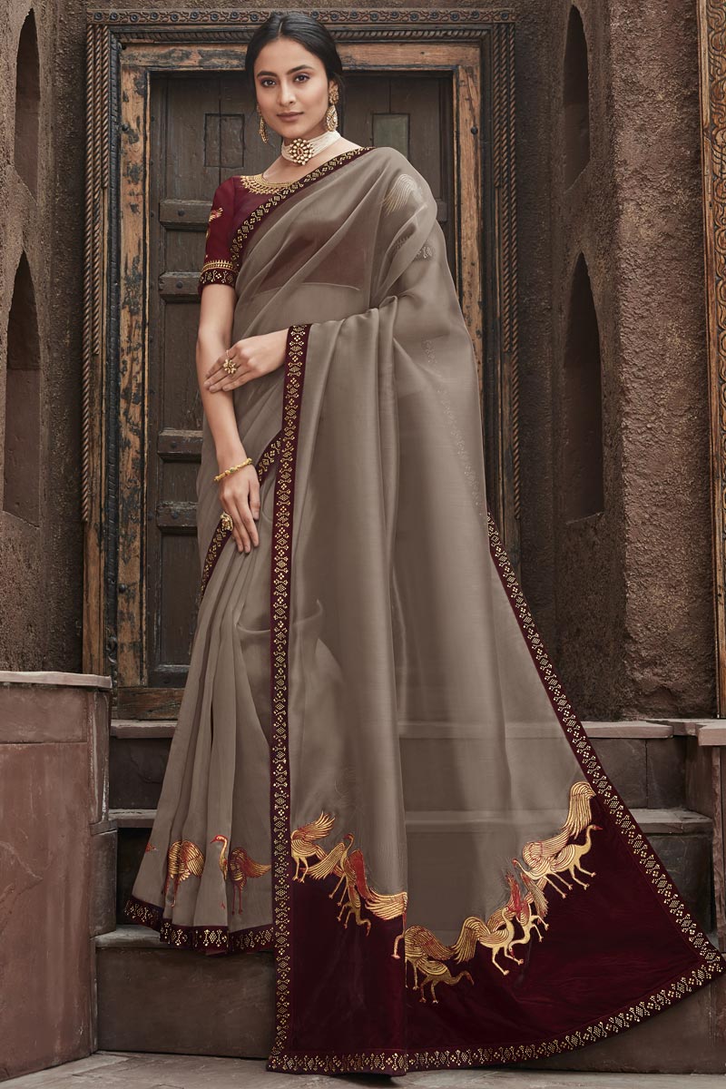 Fancy Fabric Sangeet Wear Dark Beige Color Border Work Saree
