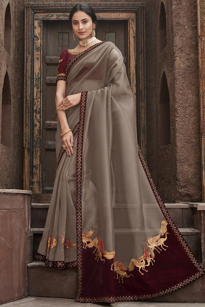 Fancy Fabric Sangeet Wear Dark Beige Color Border Work Saree