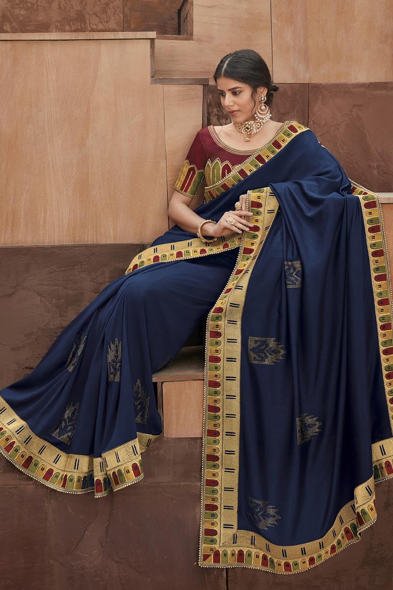 Sangeet Wear Navy Blue Color Border Work Saree