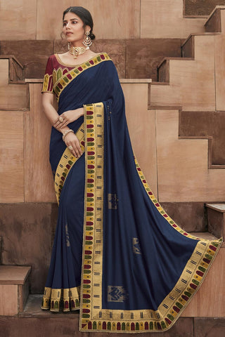 Sangeet Wear Navy Blue Color Border Work Saree