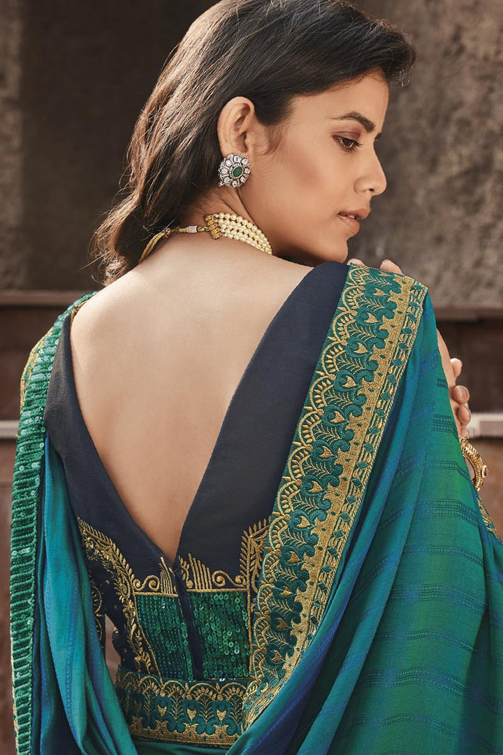 Sangeet Wear Fancy Fabric Border Work Saree In Sky Blue Color