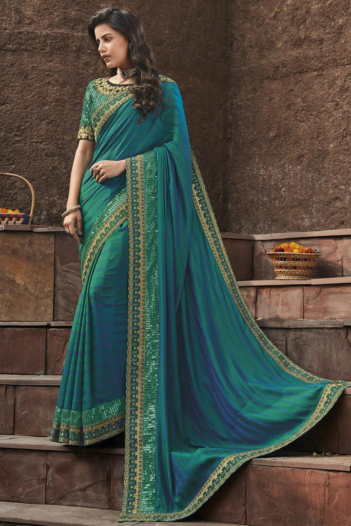Sangeet Wear Fancy Fabric Border Work Saree In Sky Blue Color
