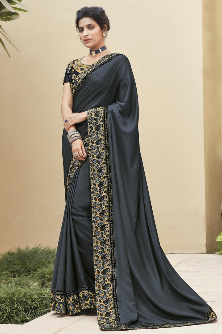 Grey Color Designer Embroidery Work Saree In Fancy Fabric