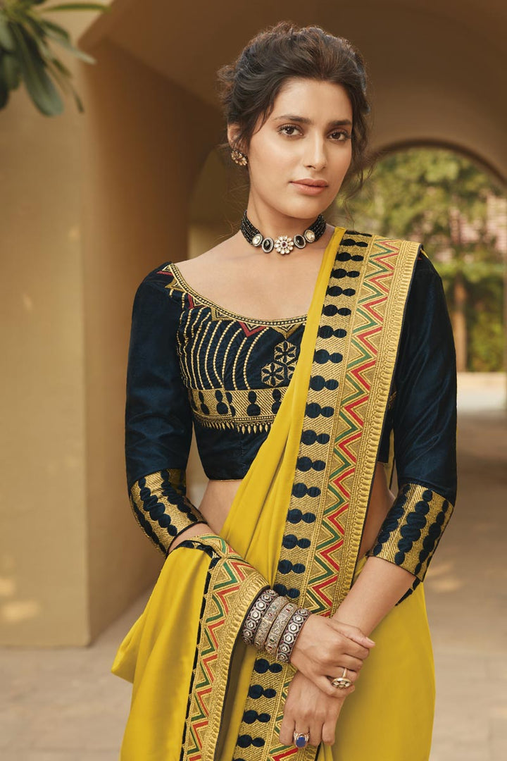 Mustard Color Fancy Fabric Festive Wear Embroidery Work Saree