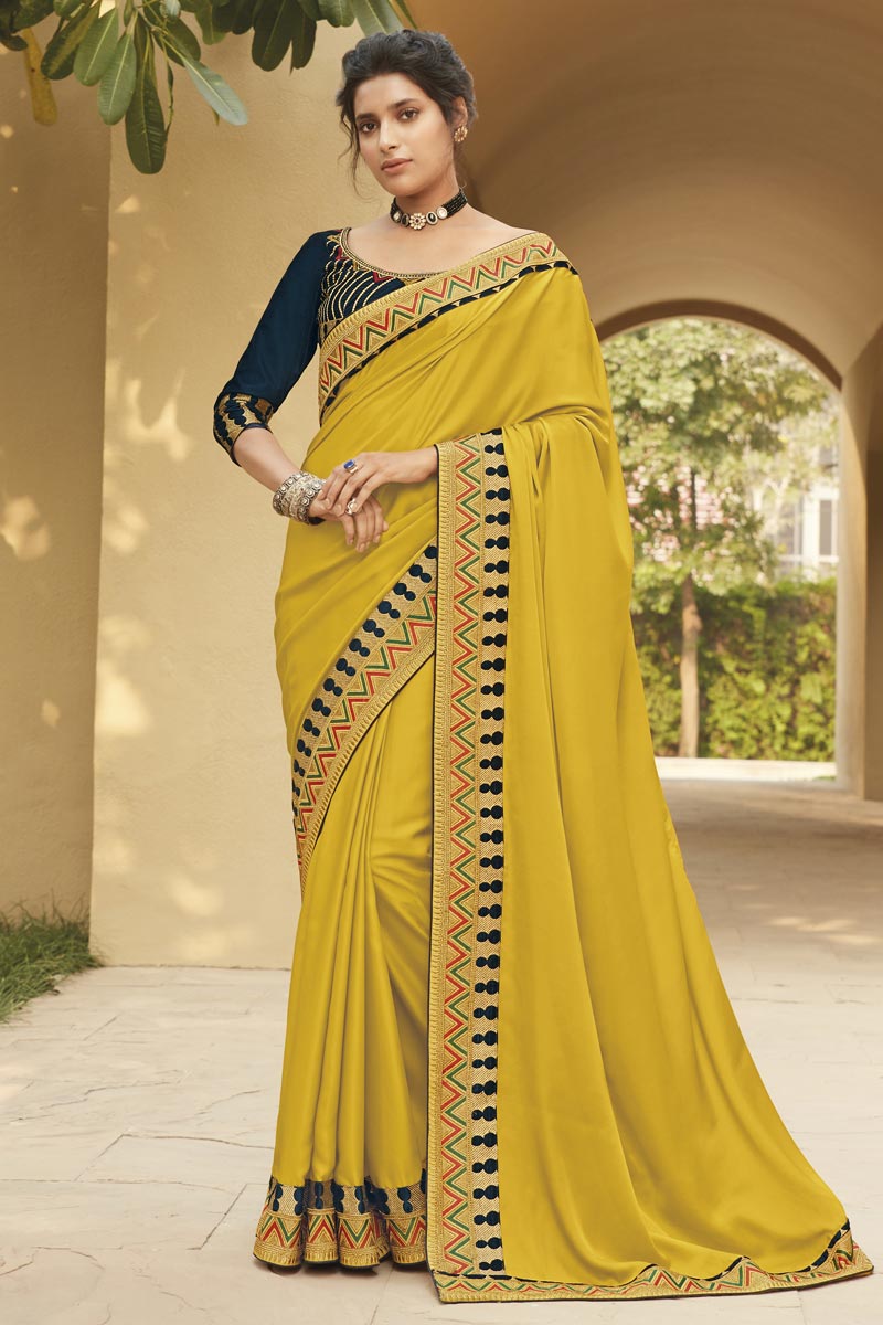 Mustard Color Fancy Fabric Festive Wear Embroidery Work Saree
